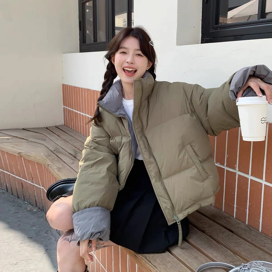 时尚爆款面包服撞色立领短款棉服女2024冬新款韩版小个子百搭外套