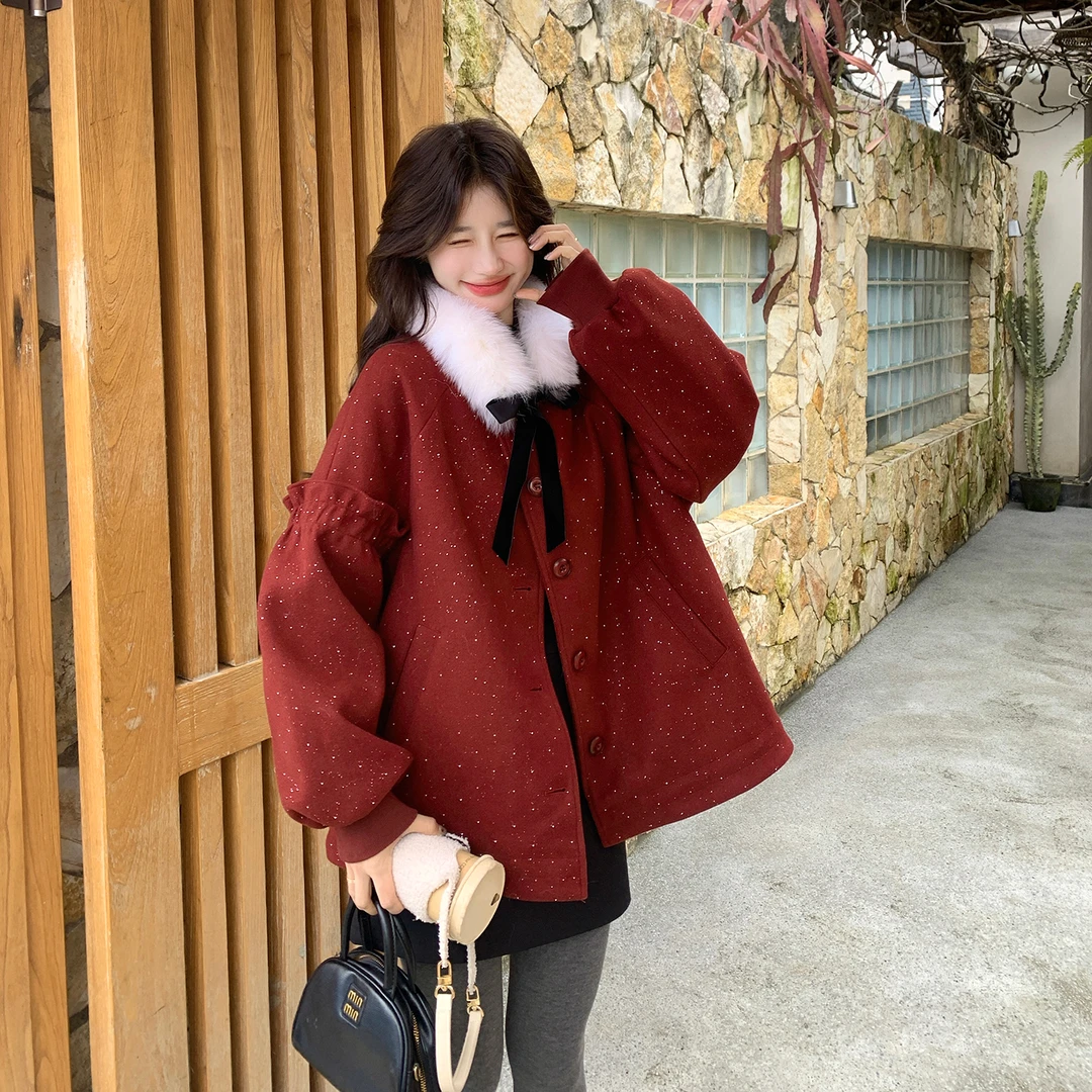 圣诞红色细闪超好看羽绒内衬外套女2025冬季新款狐狸毛领夹克上衣