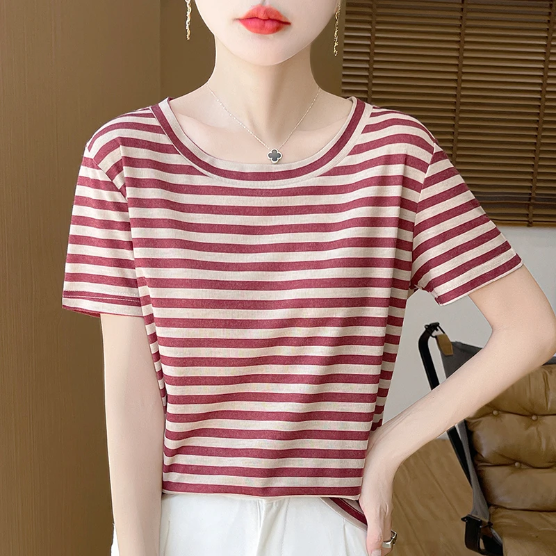莱赛尔条纹短袖T恤显瘦色系百搭宽松时尚针织半袖Z85