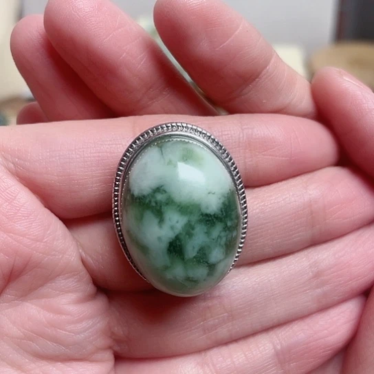 透闪石-蛇纹石玉戒指银S925镶嵌自*人