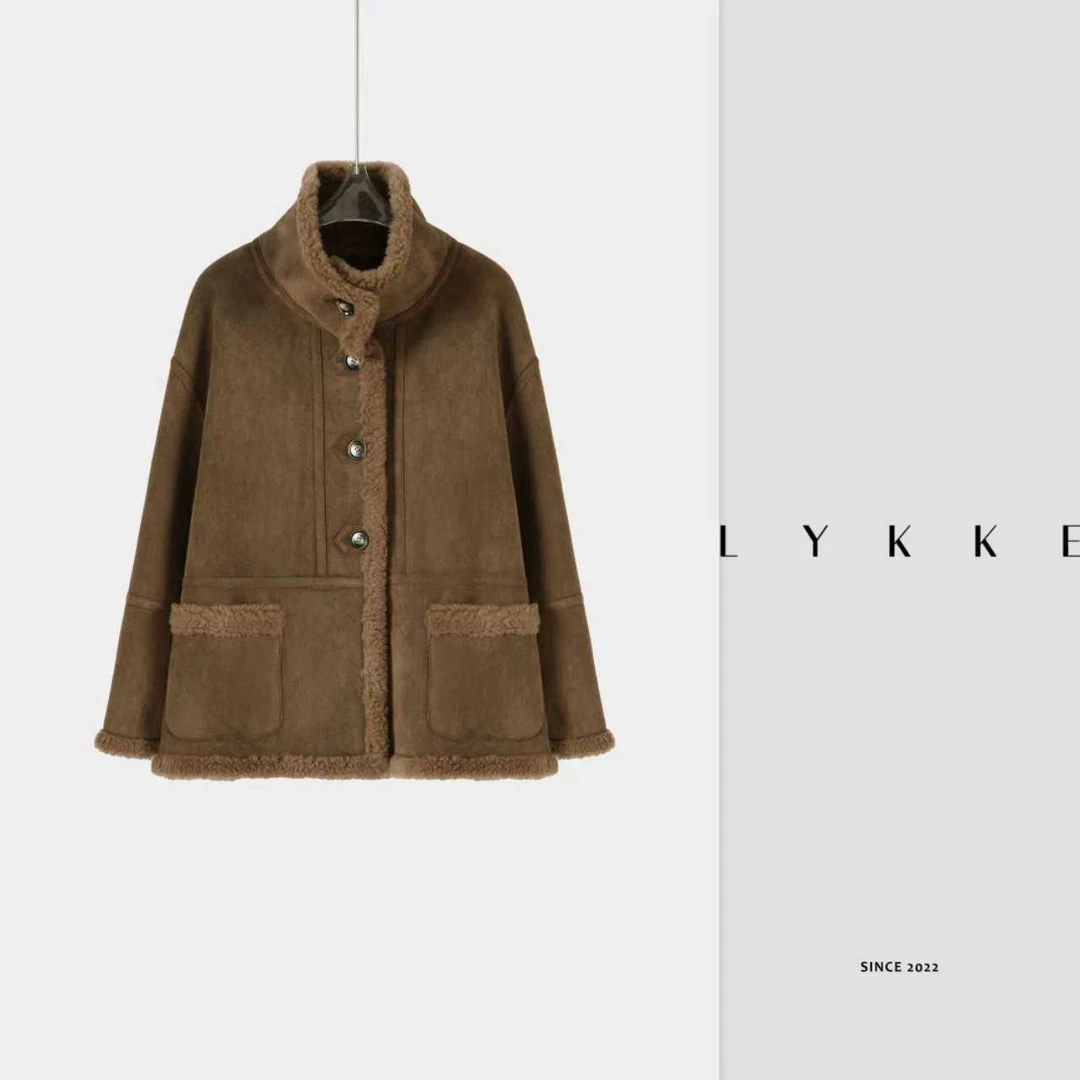 LYKKE 羊毛哑光挺括麂皮肌理感镶边酷飒风保暖外套-E780