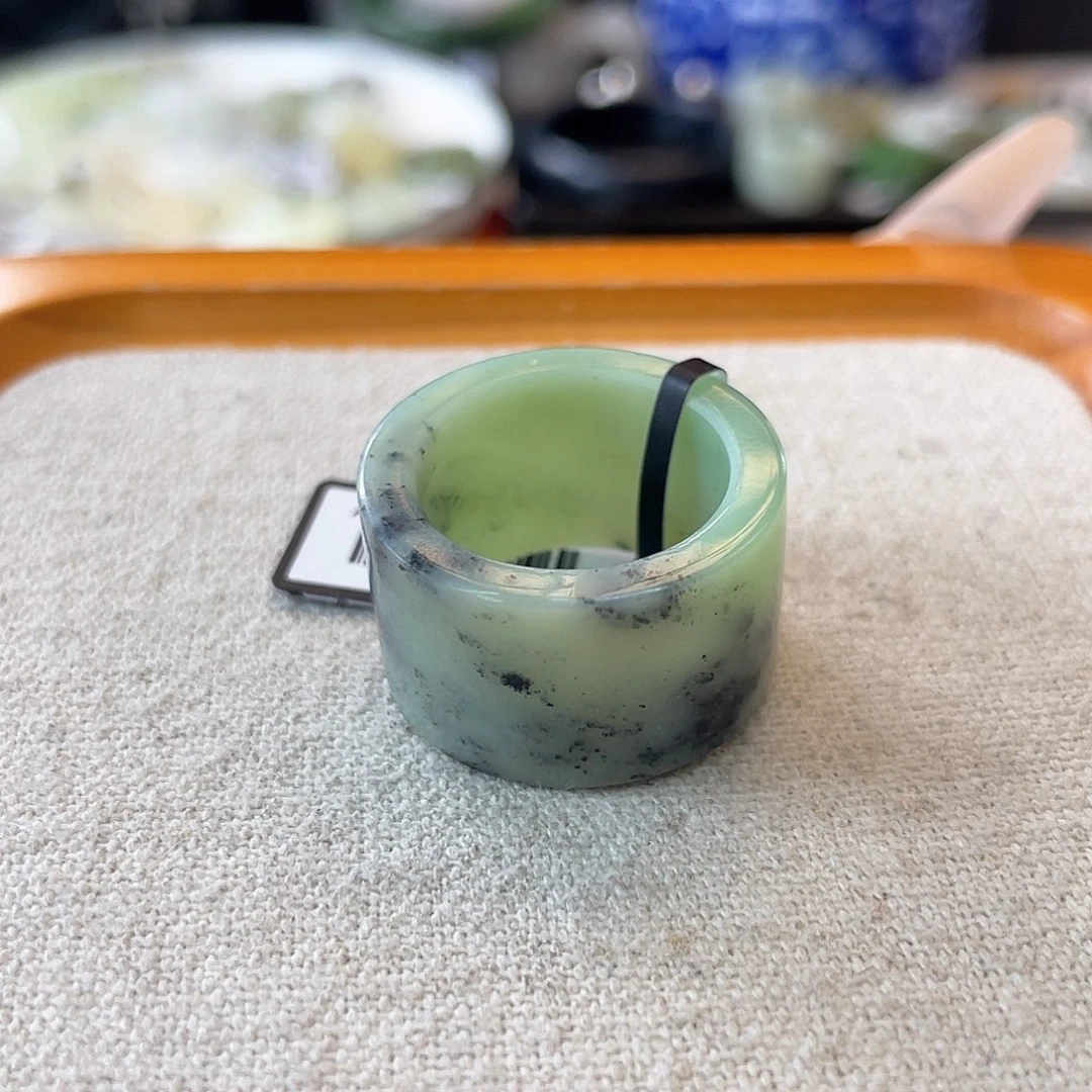 和田玉未镶嵌戒指c33 绿底飘青花直切18.2