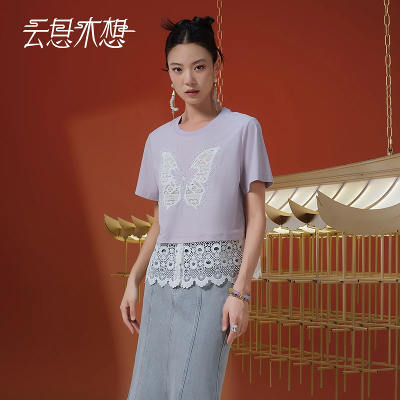 Ysimo-X云思木想 蝶羽生棉 珠绣绣花蕾丝花边棉圆领T恤13352