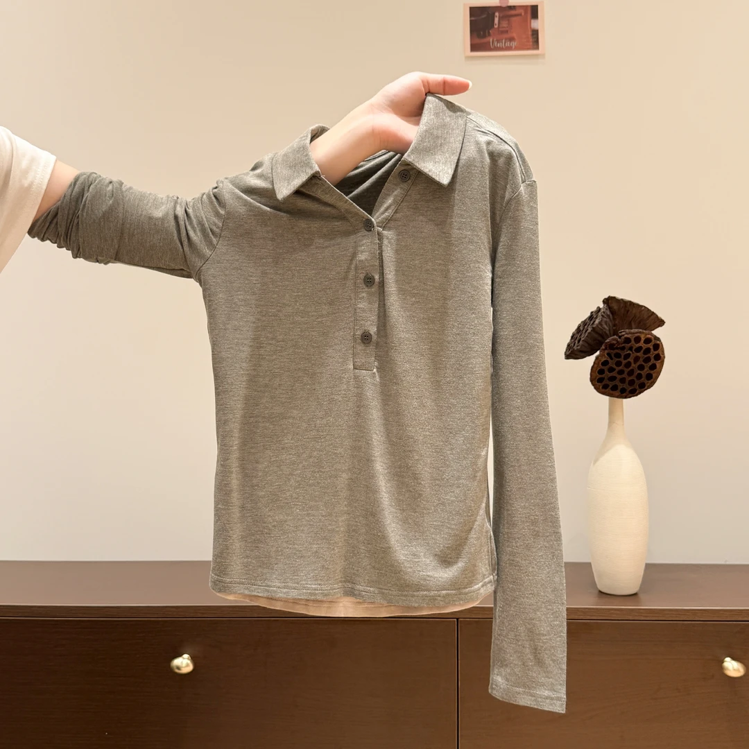 小婉薇 设计感假两件拼接撞色翻领T恤女2025秋冬修身内搭打底衫