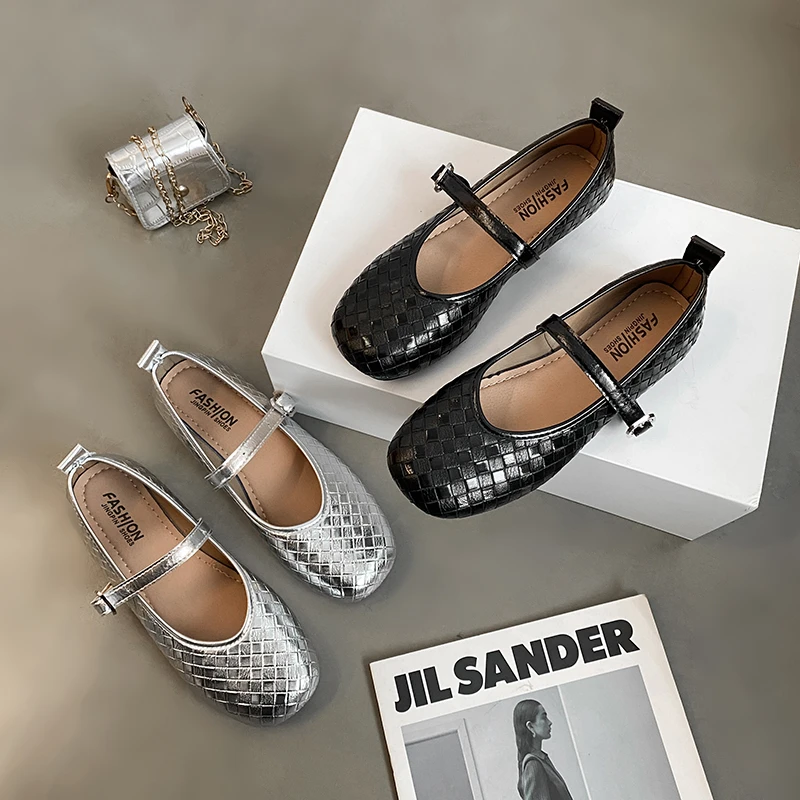 35-43码大码法式玛丽珍鞋女2025春季新款浅口一字扣带编织单鞋41