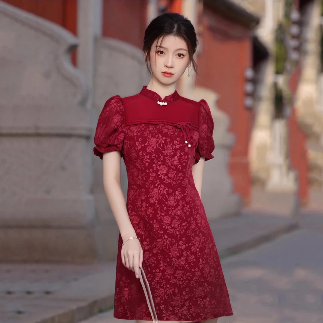 2025夏季新中式小个子连衣裙女提花改良旗袍复古流苏盘扣修身裙