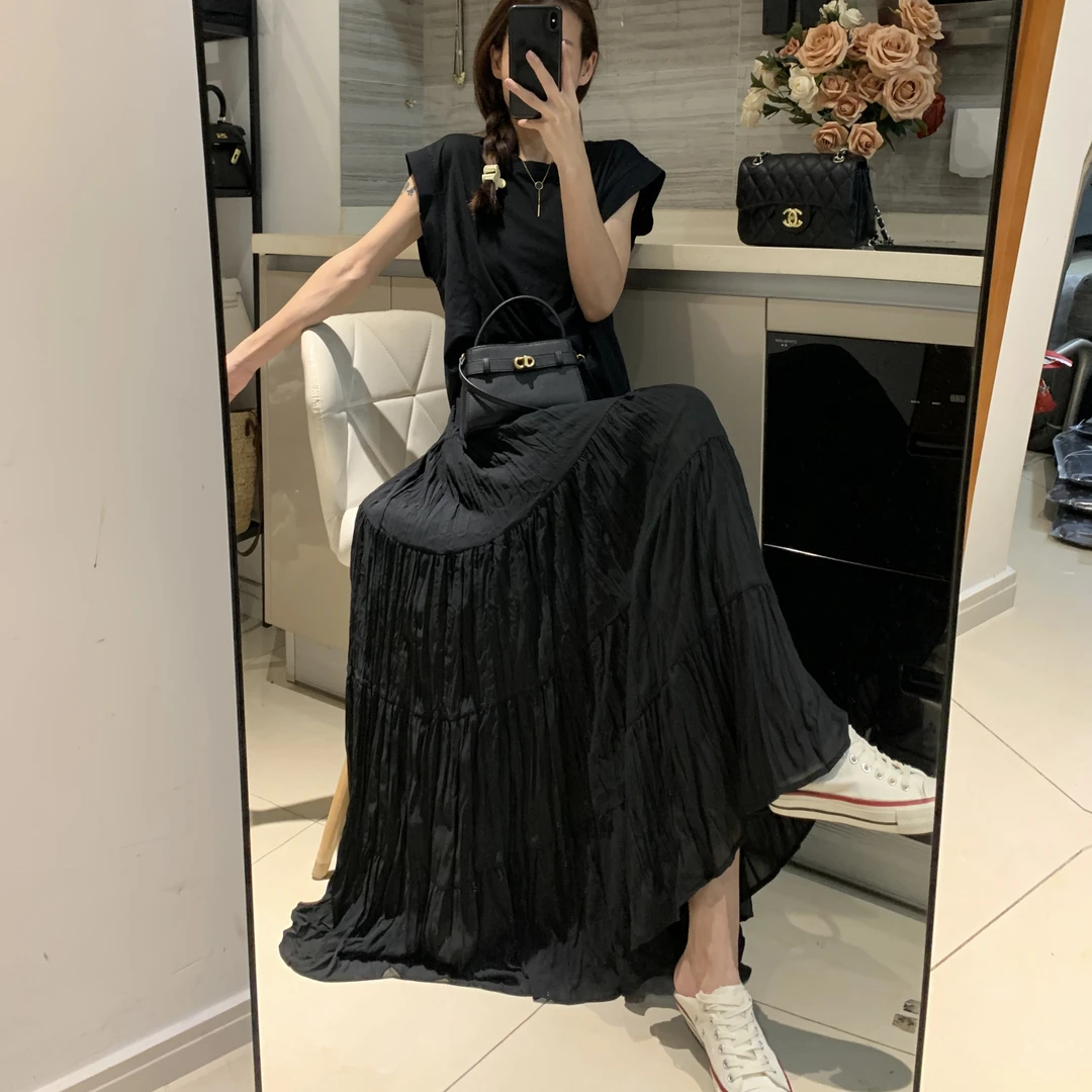 高腰黑色半身裙女2025春夏新款松紧腰宽松垂感百搭中长款半身裙女