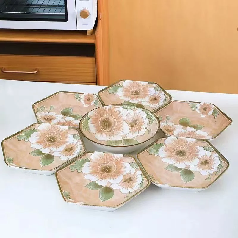 【7件套】釉下彩山茶花六角盘盘子餐盘＋大汤盆家用陶瓷餐具高档