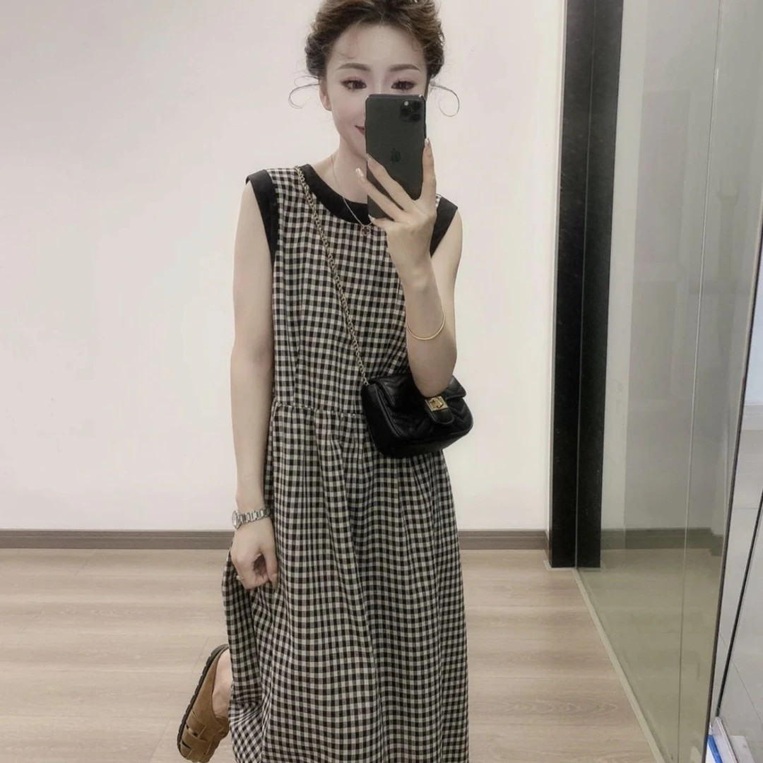 显瘦洋气时尚复古减龄格纹千鸟格背带夏季连衣裙2024新款背心法式