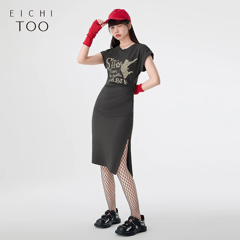 爱居兔夏季高级灰甜酷风全棉短袖连衣裙EQLBJ2N027A