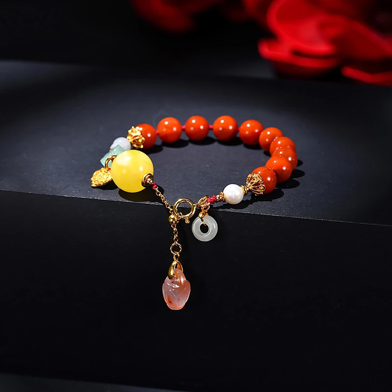 天然琥珀蜜蜡南红手串如意锁手链