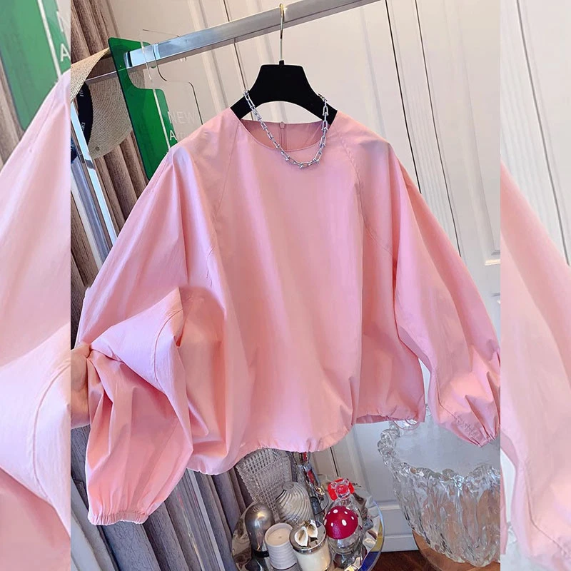 法式减龄纯色圆领长袖衬衫上衣女装大版宽松娃娃衫百搭好看气质潮