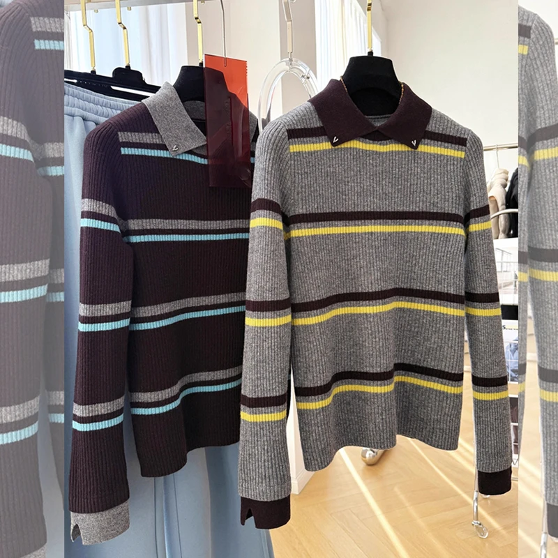 设计感翻领修身套头针织衫上衣女装秋冬新款大码保暖内搭条纹小衫