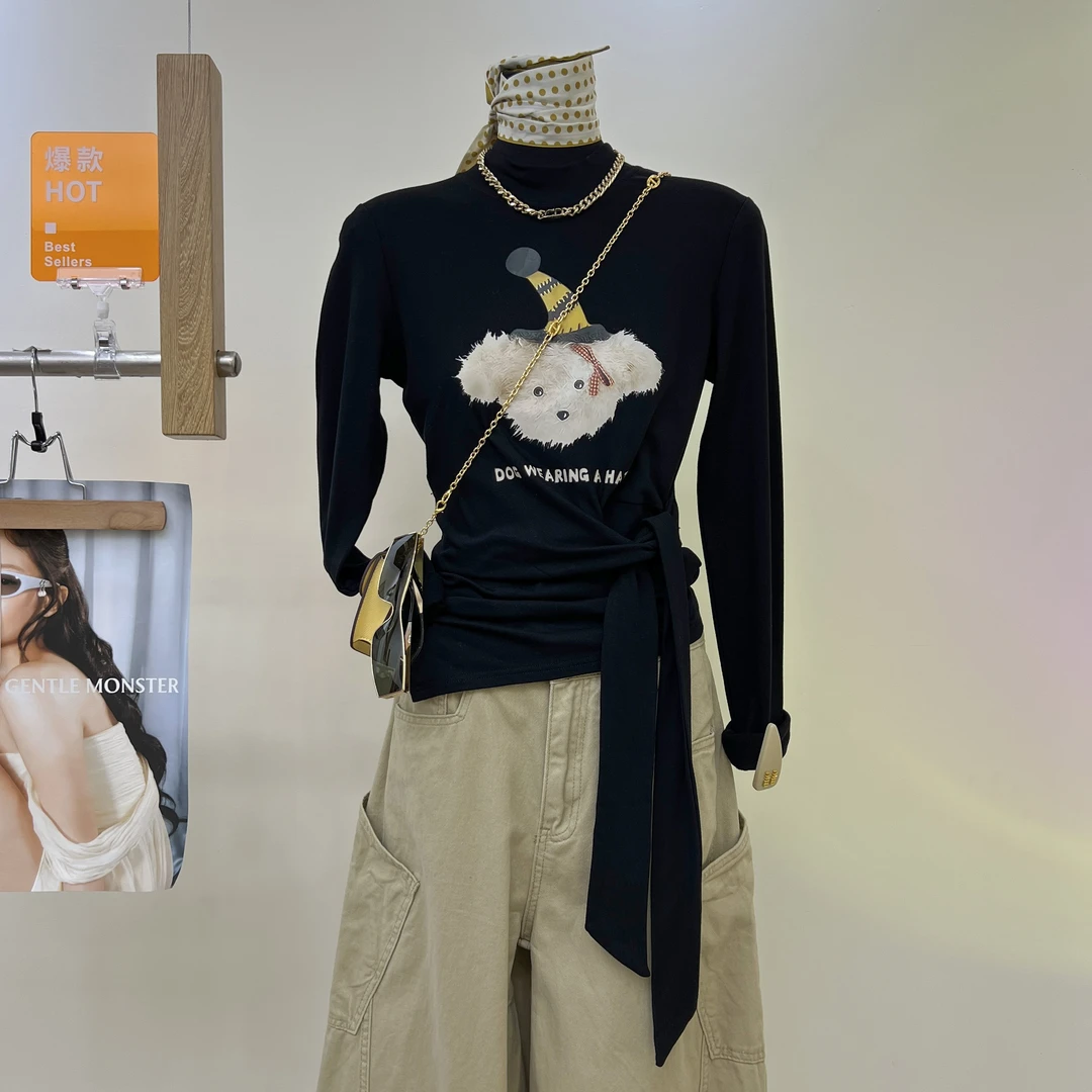 法式加绒加厚绑带不规则时尚长袖t恤女秋冬收腰修身显瘦ins上衣