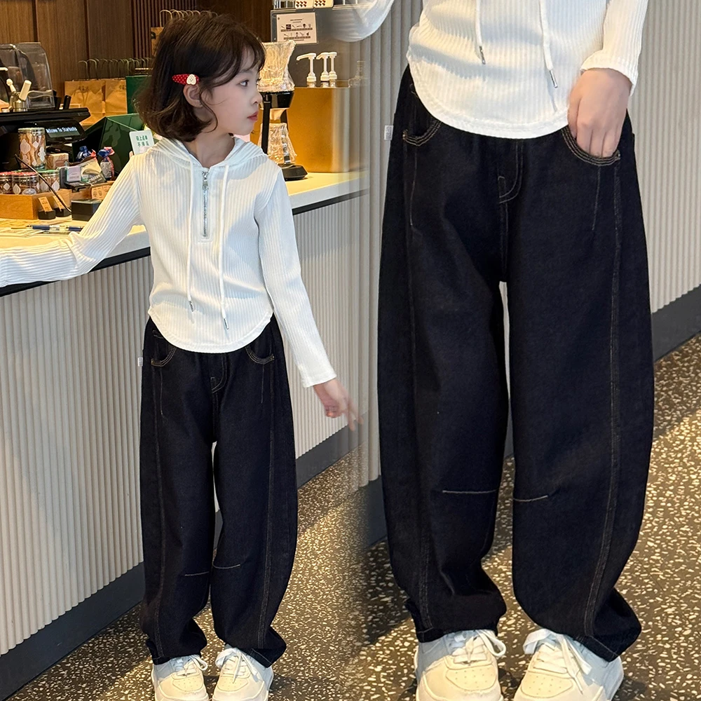 2025春秋新款童装丹宁蓝弯刀牛仔裤女童中大童香蕉裤帽衫两件套