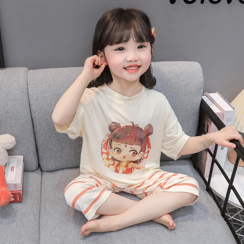 女童哪吒睡衣莫代尔夏季薄款女宝宝短袖空调服夏款儿童家居服套装