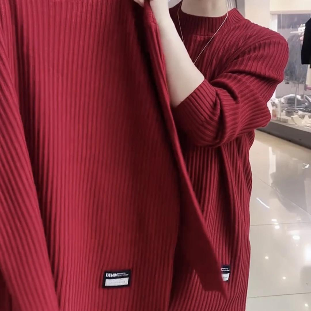 新款时尚休闲中长款圆领方标长袖毛针织衫