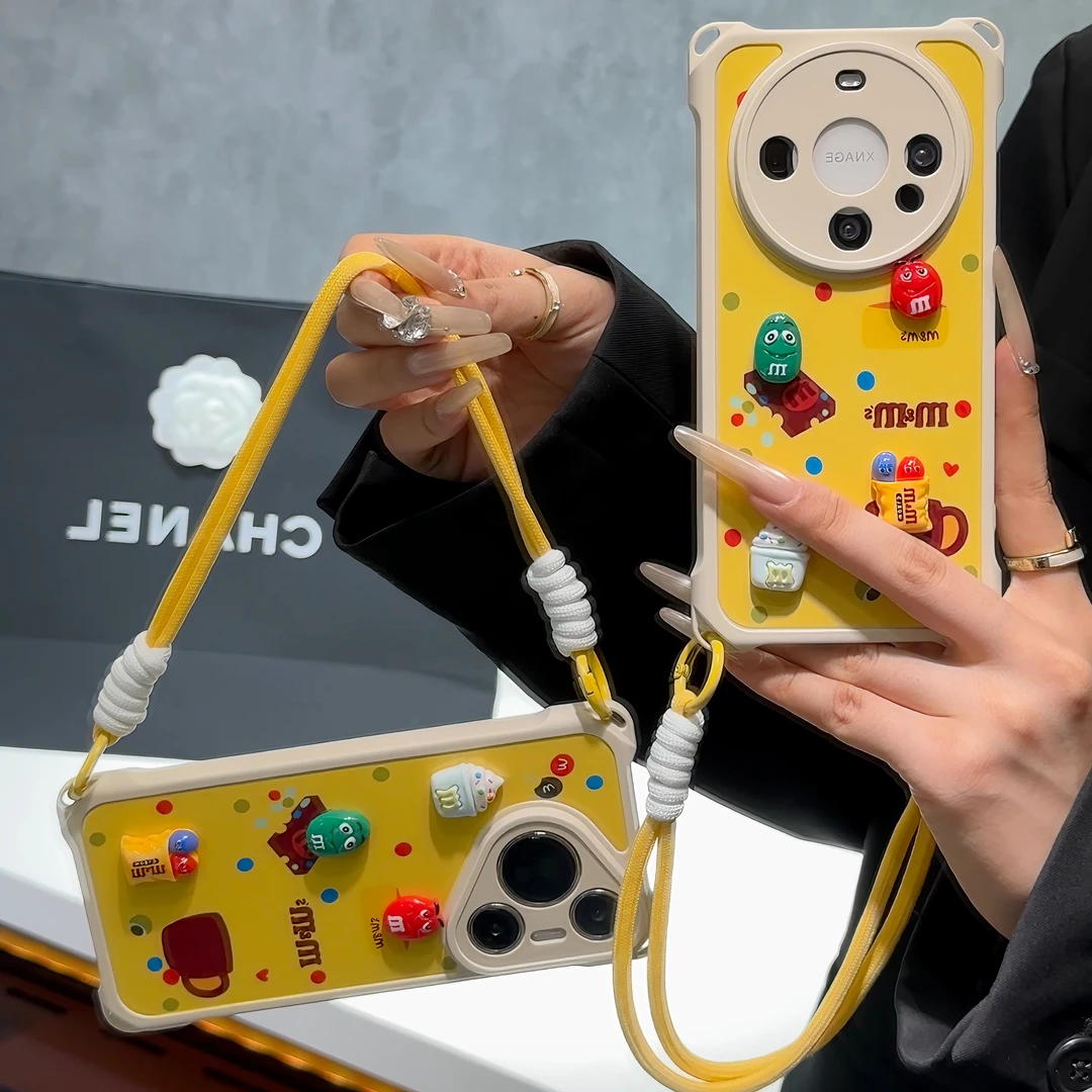 雅天立巧克力m豆适用苹果16挂绳手机壳iPhone13华为vivoppo小米15