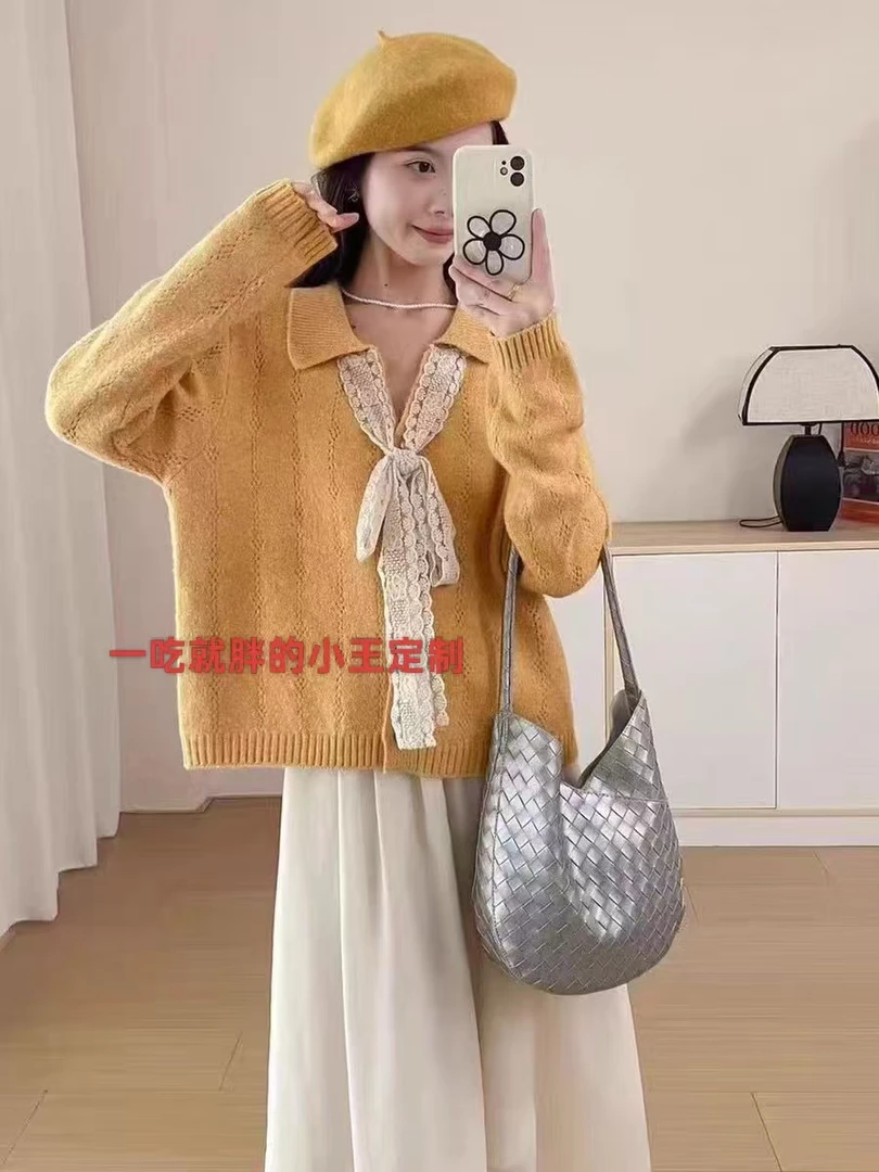 【小王家】蕾丝百搭针织秋季衫上衣毛针织衫秋冬翻领蝴蝶结V领H811