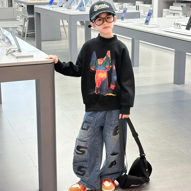 女童卫衣套装春秋2025新款女孩洋气百搭中大儿童卫衣牛仔裤两件套