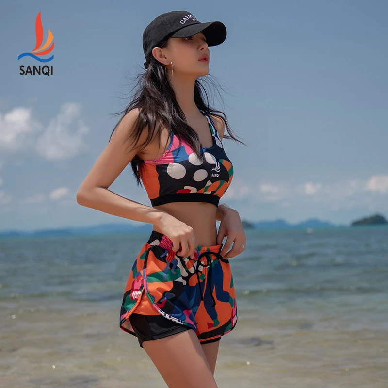 印花保守分体泳衣女2025新款背心泳裤两件套泡温泉游泳衣运动泳装