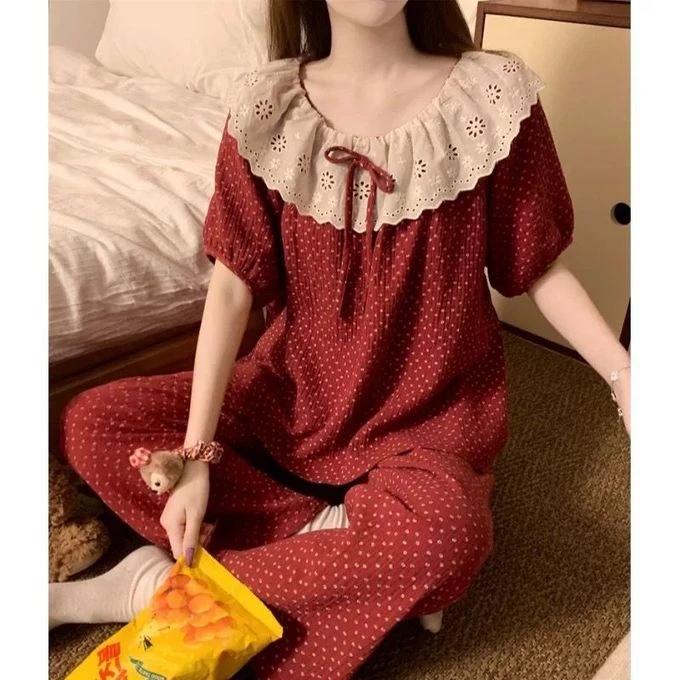 【专享】韩版甜美碎花花边棉纱睡衣女夏季薄款短袖长裤棉绸家居服