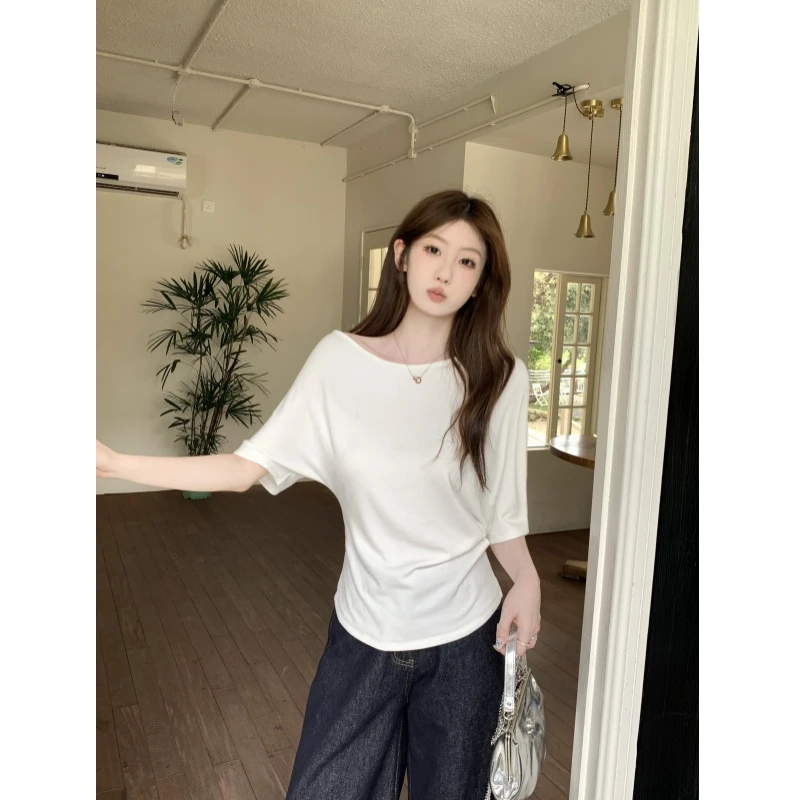 超好看斜肩短袖白色t恤女2025新款夏温柔气质独特设计感漂亮上衣