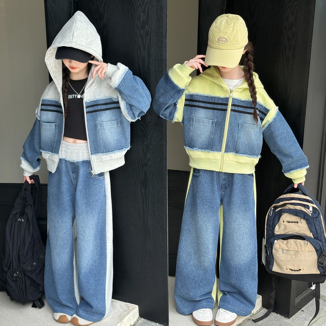 女童春秋款韩版休闲连帽外套牛仔套装中大童洋气时髦儿童网红秋装