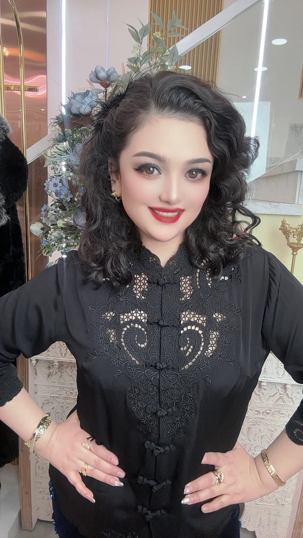 《黑色中袖قارا گاچا يەڭ》桑蚕丝衬衫，控刺绣衬衫女长袖