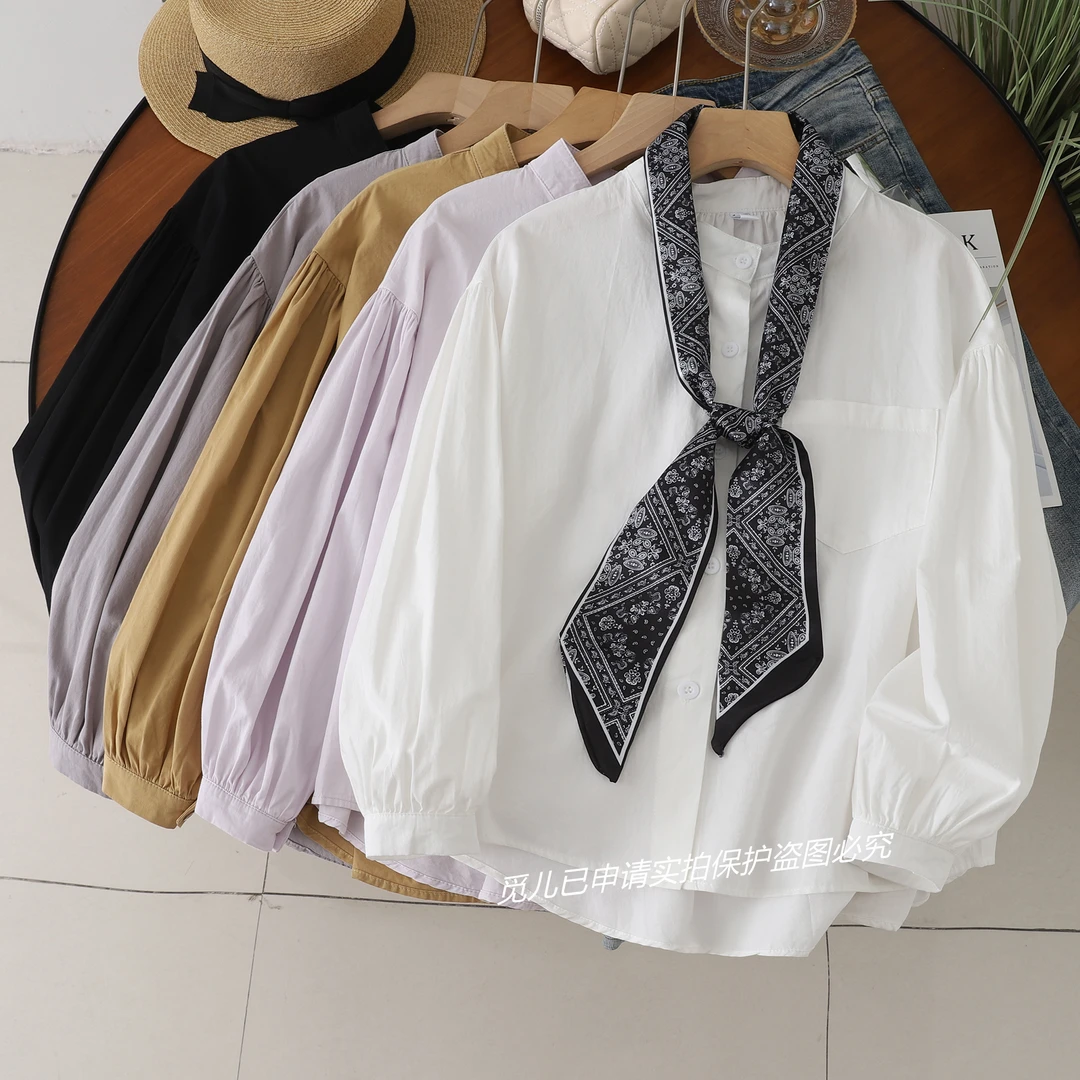 【成衣洗水高品质版】春秋100%棉立领灯笼袖长袖衬衫复古打底衫衬衣