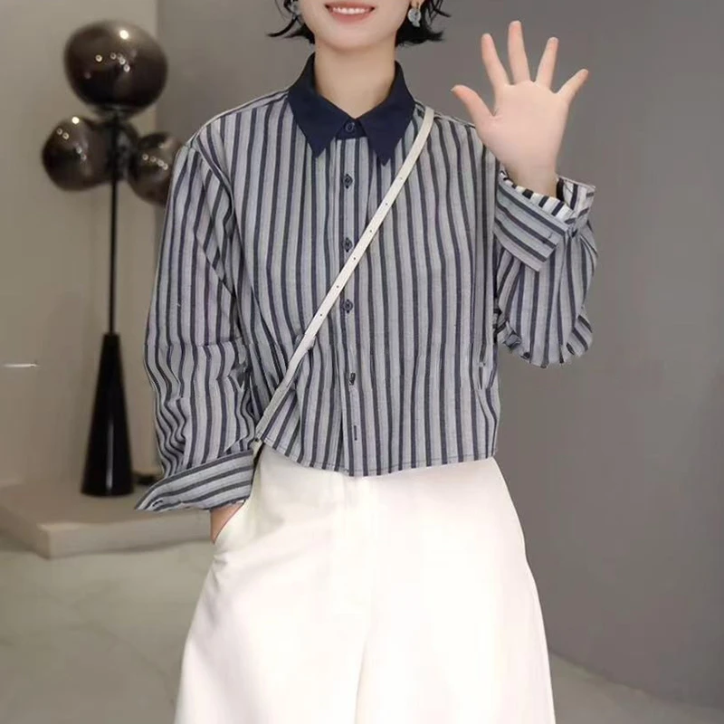 法式复古撞色翻领蓝色条纹衬衫女2025夏季新款设计感宽松短款上衣