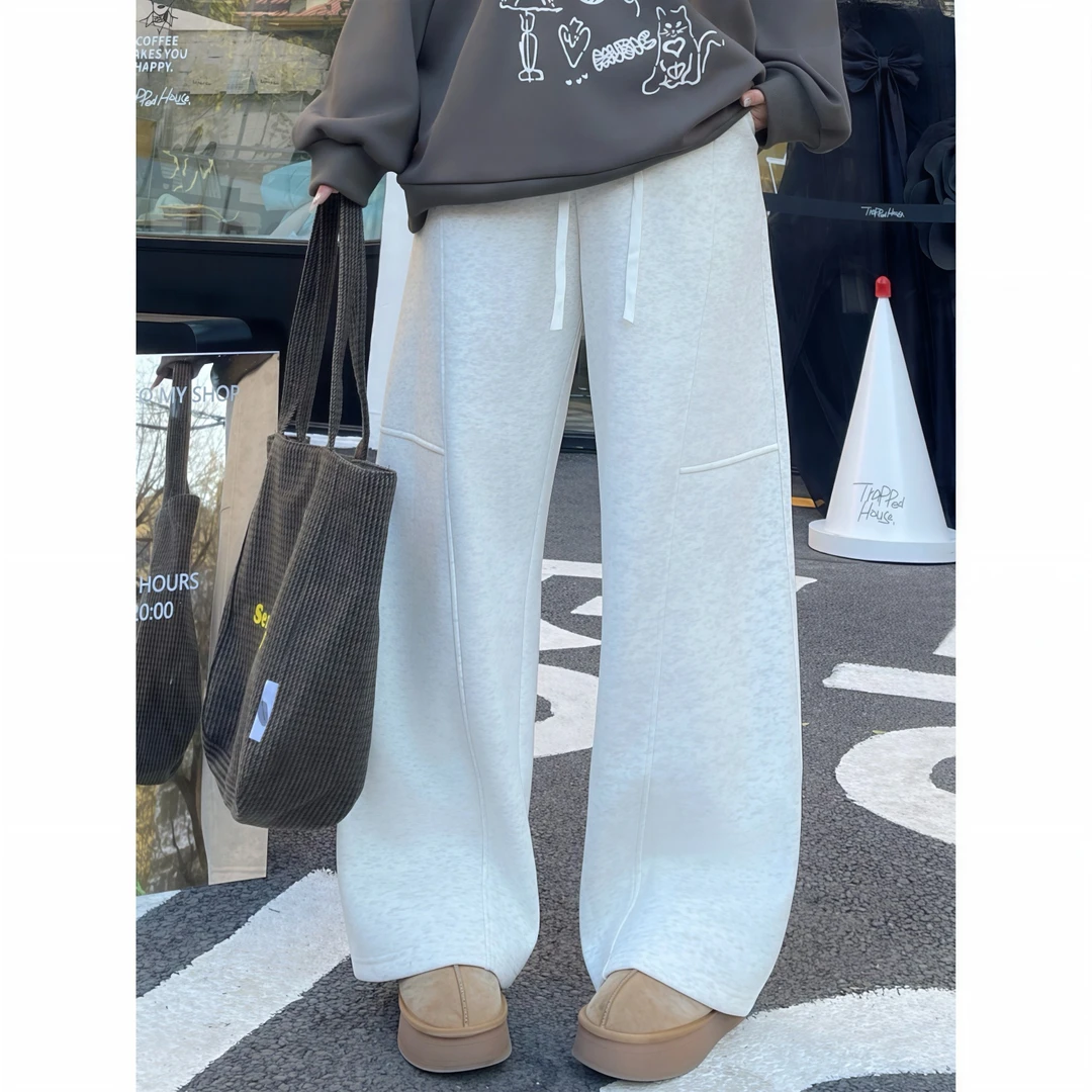 花契“杏仁布雷”大码女装冬季简约200斤胖mm美式加绒休闲裤16145-C