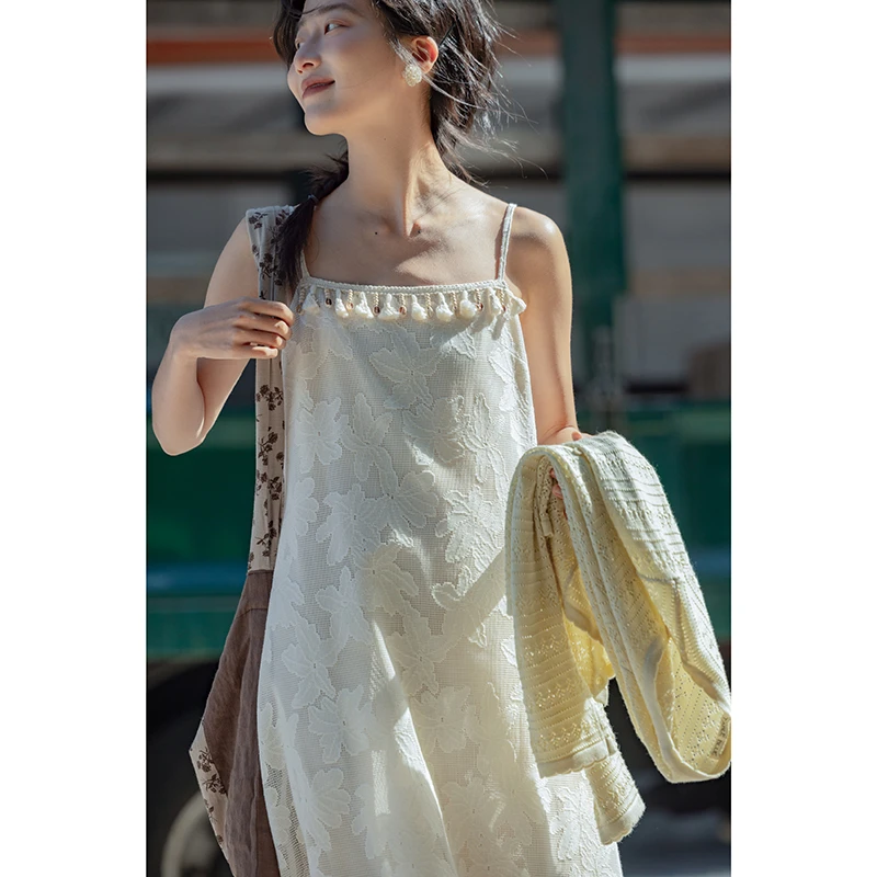 觅定流苏吊带裙女春季气质连衣裙2025宽松裙子法式长裙DQ11286