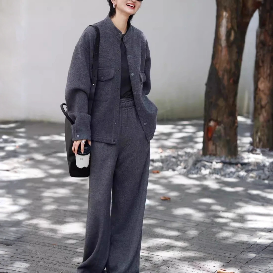 休闲夹克套装女秋冬毛呢轻奢圆领单排扣上衣松紧百搭阔腿裤两件套