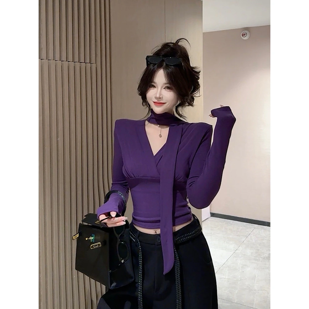 【CCDZ】早秋新品时尚设计感领系带韩系百搭V领显瘦上衣女