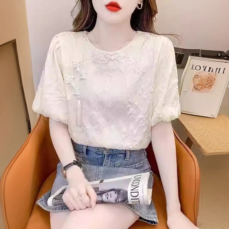 新中式复古盘扣衬衫女中国风泡泡袖提花雪纺上衣夏季别致漂亮小衫