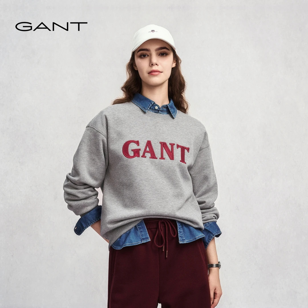 GANT/甘特25年秋冬女士加绒外套上衣学院风刺绣休闲运动套头卫衣