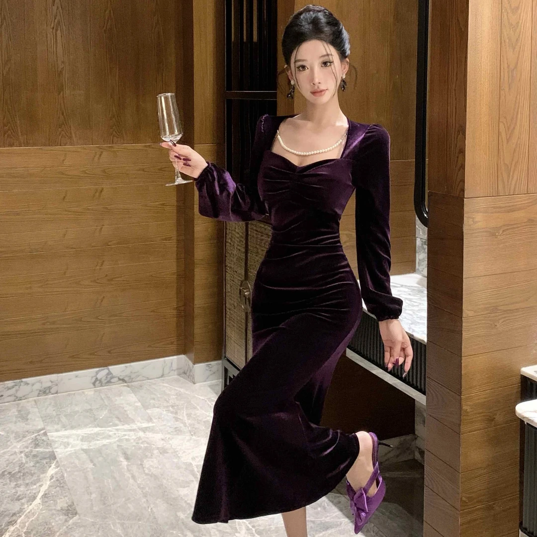御姐生日礼服高端轻奢小众法式气质长袖收腰紫色丝绒连衣裙女秋冬