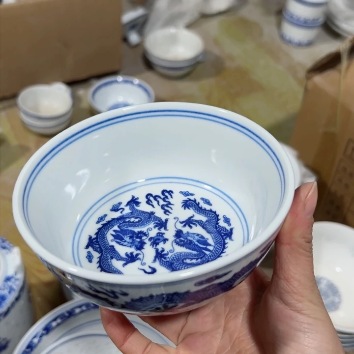 碗青花5寸双龙戏珠饭碗