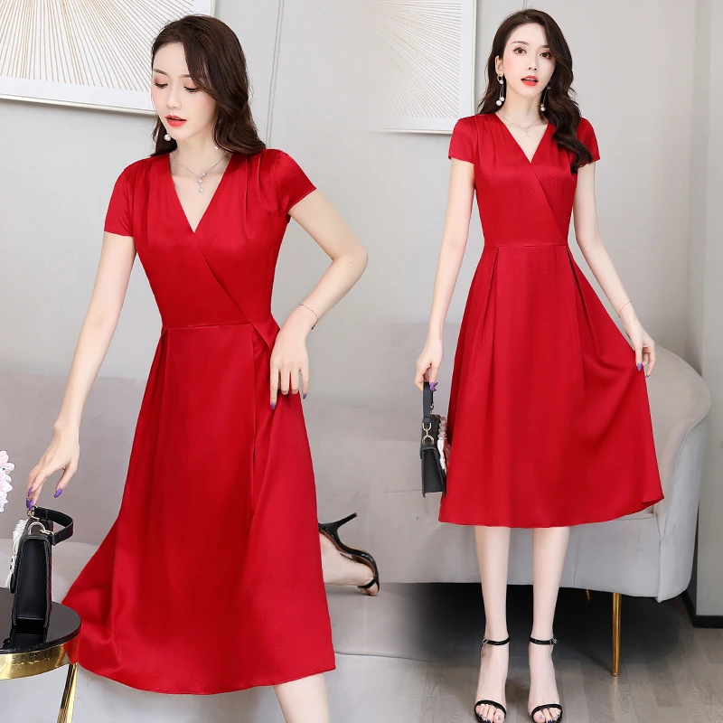 杭州真丝连衣裙女夏季新款气质高级感重磅双绉皮粉色V领裙