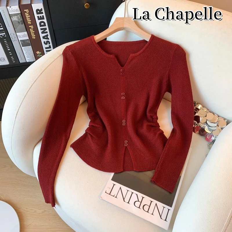 拉夏贝尔秋季韩版V领开叉打底针织衫女洋气百搭收腰显瘦褶皱上衣