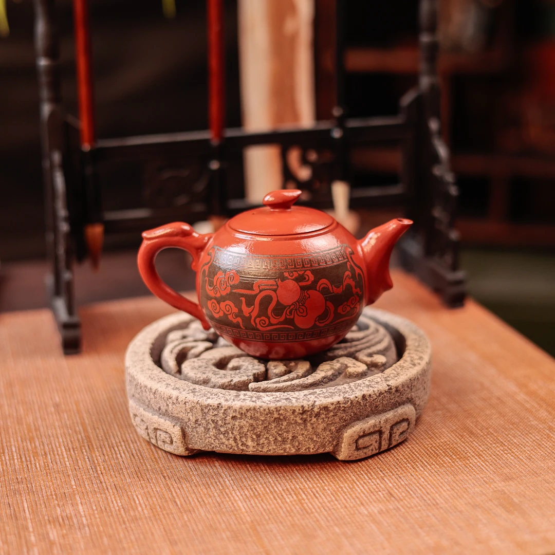 紫砂壶手工泡茶壶家用功夫茶具套装朱泥吉祥如意祥龙壶复古新中式