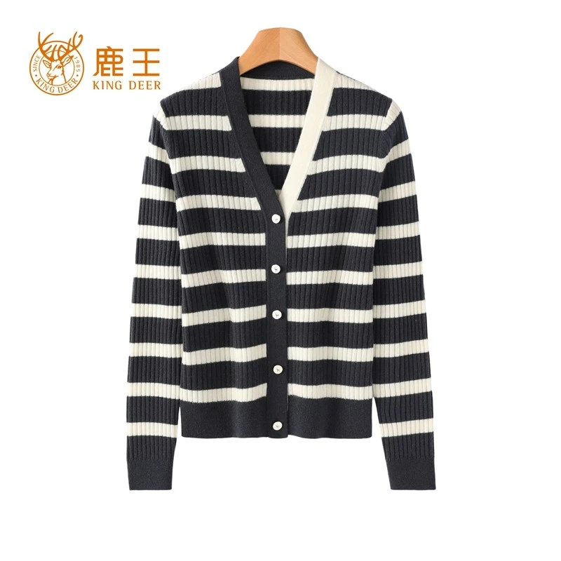 编码4J9527鹿王24新款女V领100山羊绒修身抽条套衫