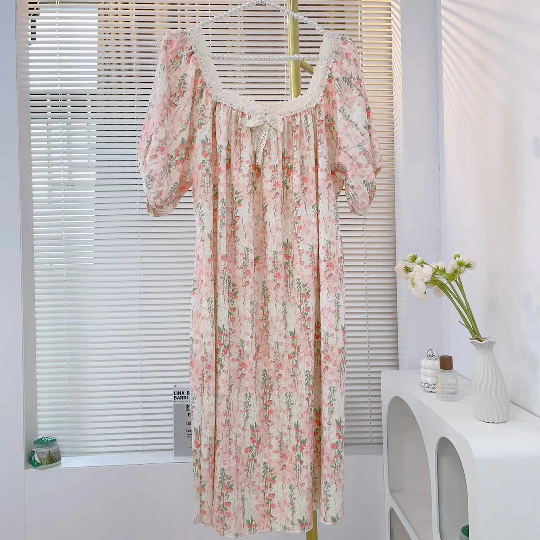 夏季睡裙女短袖中长款连衣裙甜美韩版大码家居服睡衣可外穿