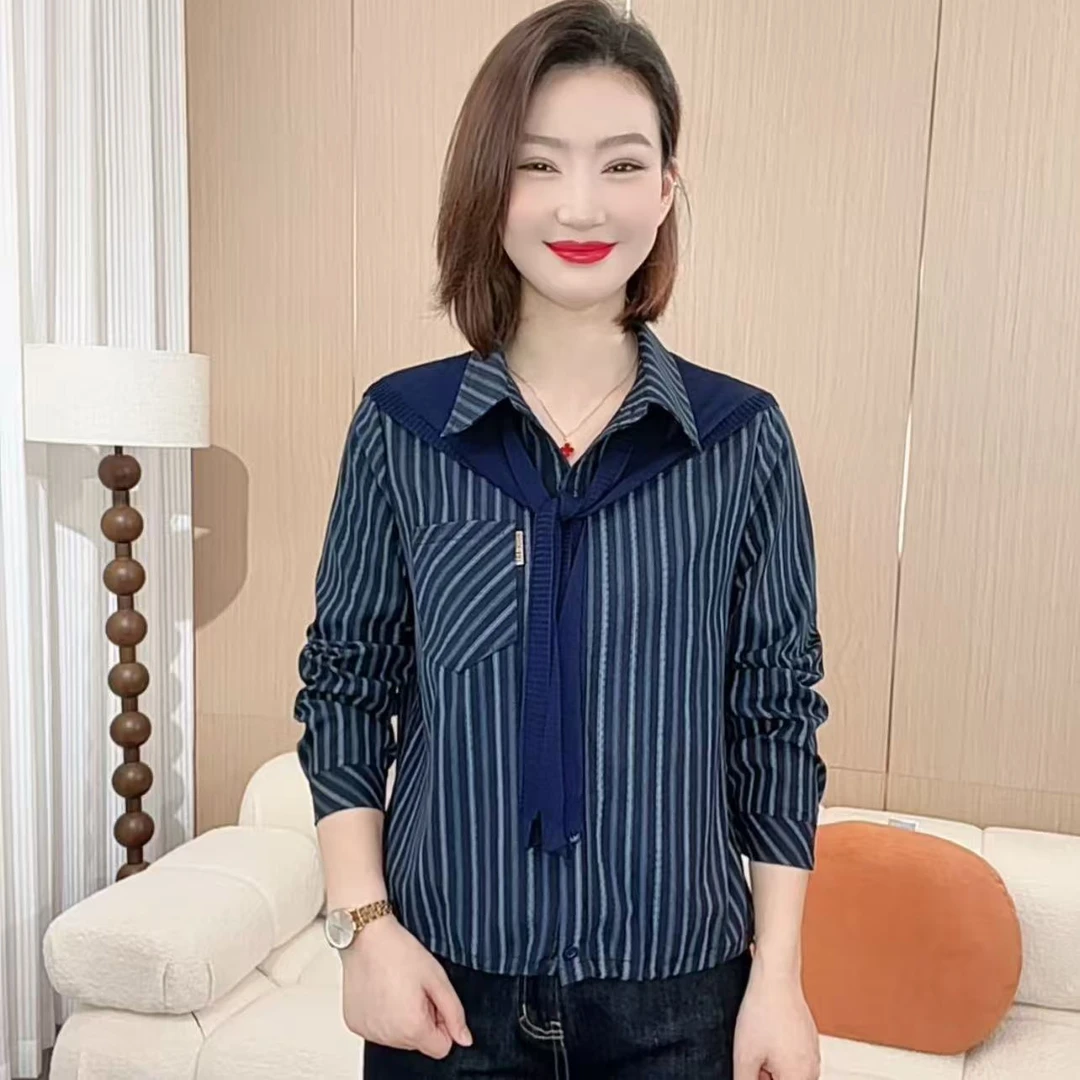2025秋季时尚洋气新款系带条纹翻领气质百搭显瘦长袖P7979