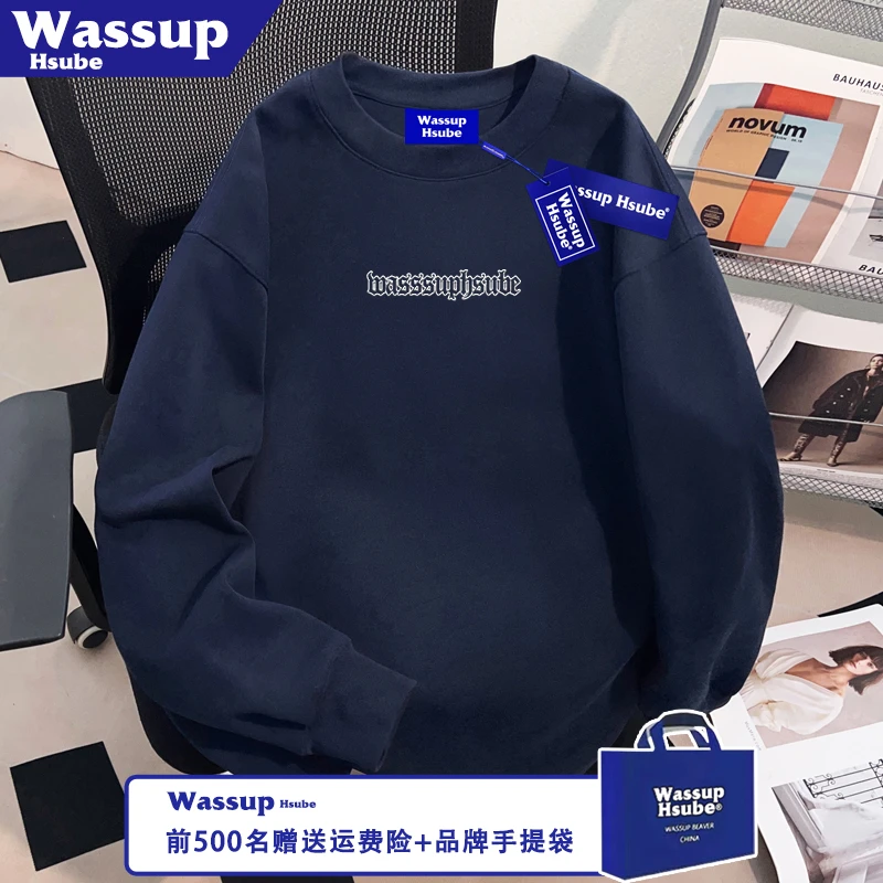 WASSUP HSUBE炫酷字母印花T恤ins100%纯棉男女款长袖秋季藏青上衣