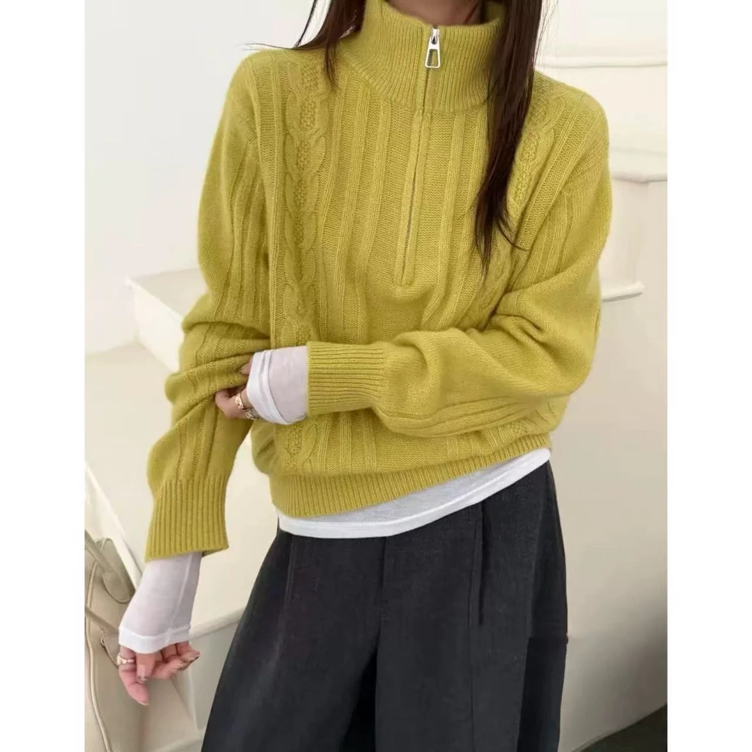 【麻花半拉链】韩系立领纯色麻花半开拉链针织套头衫2299
