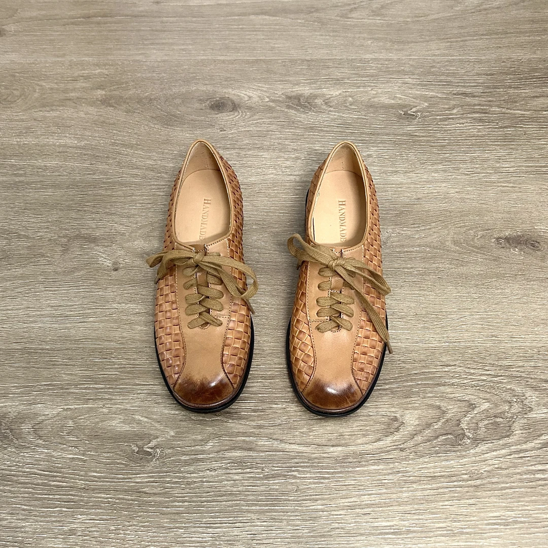 Dannyfrey头层水洗牛皮小众设计编织镂空复古擦色系带真皮女鞋3CM