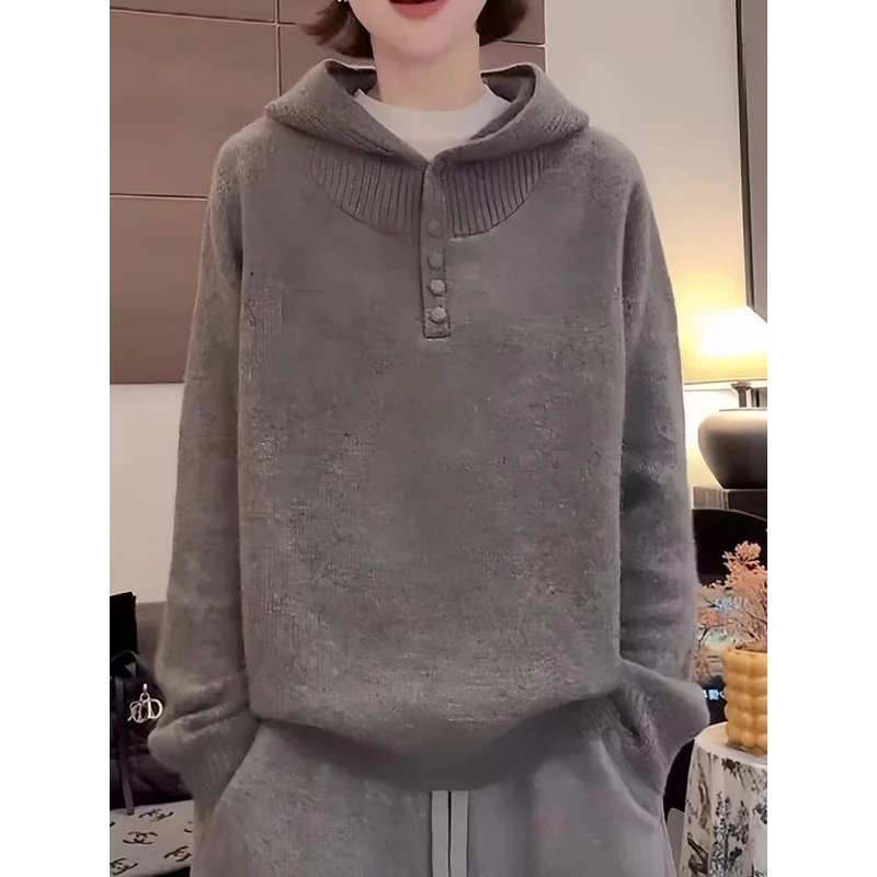 灰色连帽毛衣女大码胖MM秋冬慵懒风宽松显瘦减龄洋气针织帽衫上衣