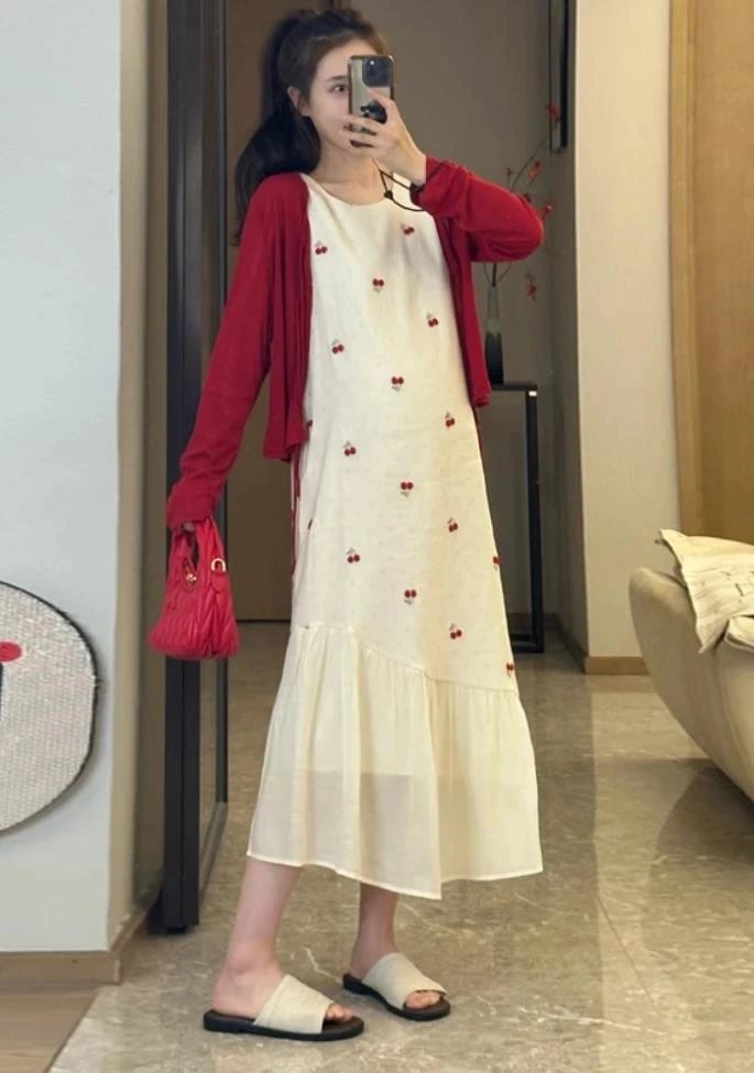 时髦孕妇装新款夏季刺绣花拼接背心长裙防晒开衫显瘦洋气款两件套